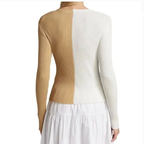 STAUD Womens Cargo Colorblock Cardigan Small Ribbed Stretchy White Beige Buttons - Picture 2 of 11